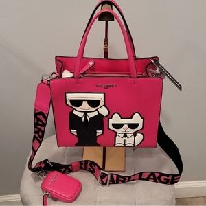 Karl Lagerfeld Pink Tote with Cartoon Karl & Choupette Appliqués
